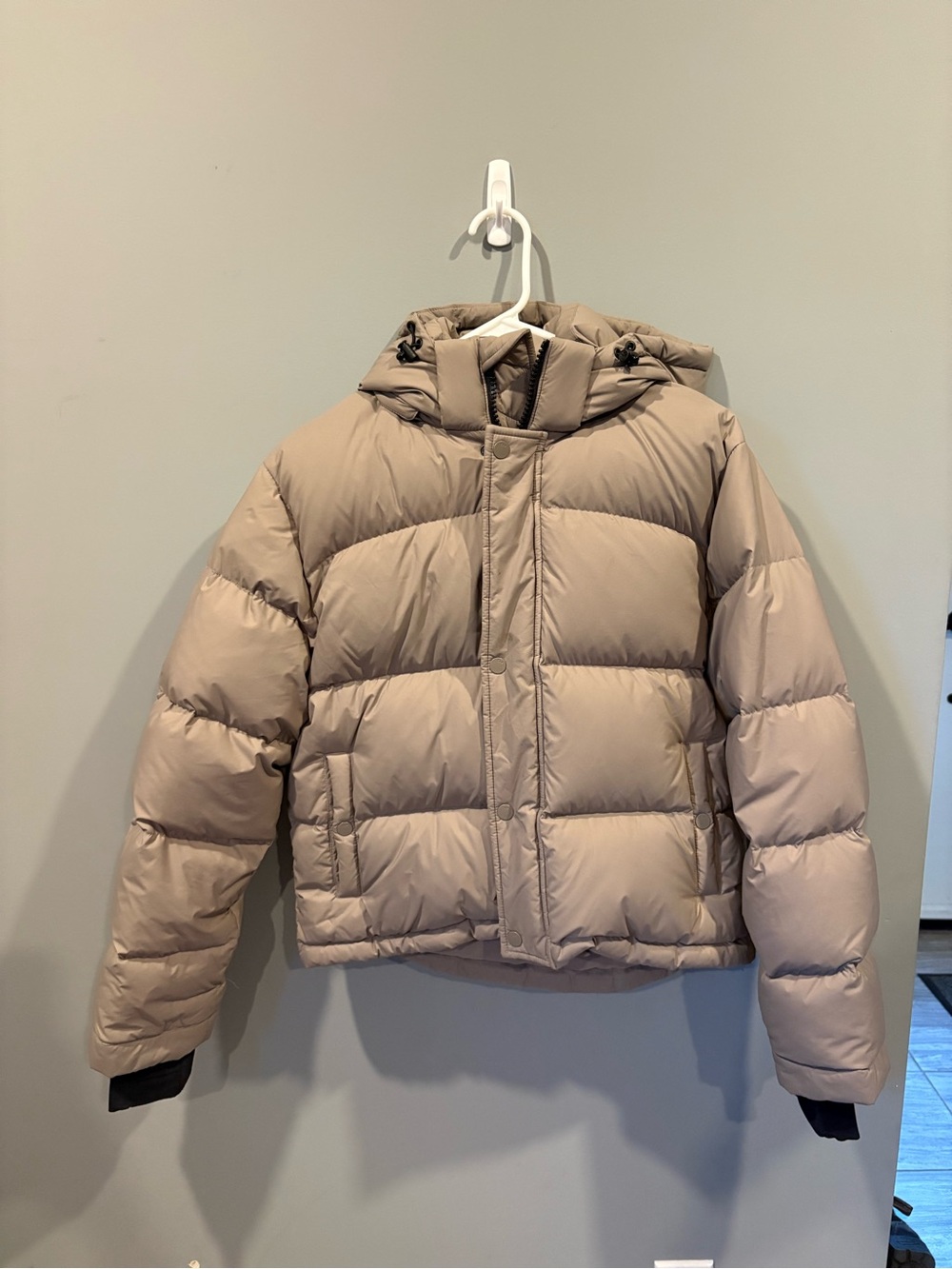 Women’s Puffer Jacket in Light Taupe (shorty version) - hooded winter coat
